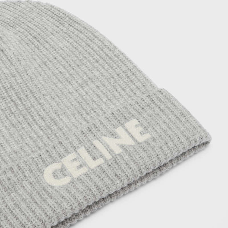 Light Grey Celine EMBROIDERED BEANIE IN RIBBED FELTED WOOL Hat | CL-591717