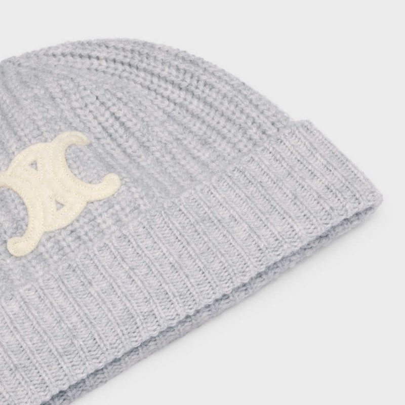 Light Grey Celine TRIOMPHE EMBROIDERED BEANIE IN SEAMLESS CASHMERE Hat | CL-592370