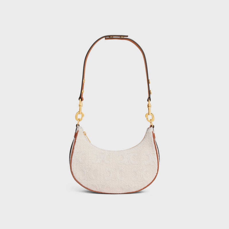 Natural / Tan Celine MediumStrap Bag in TEXTILE WITH TRIOMPHE CROCHET EMBROIDERY Ava | CL-593101