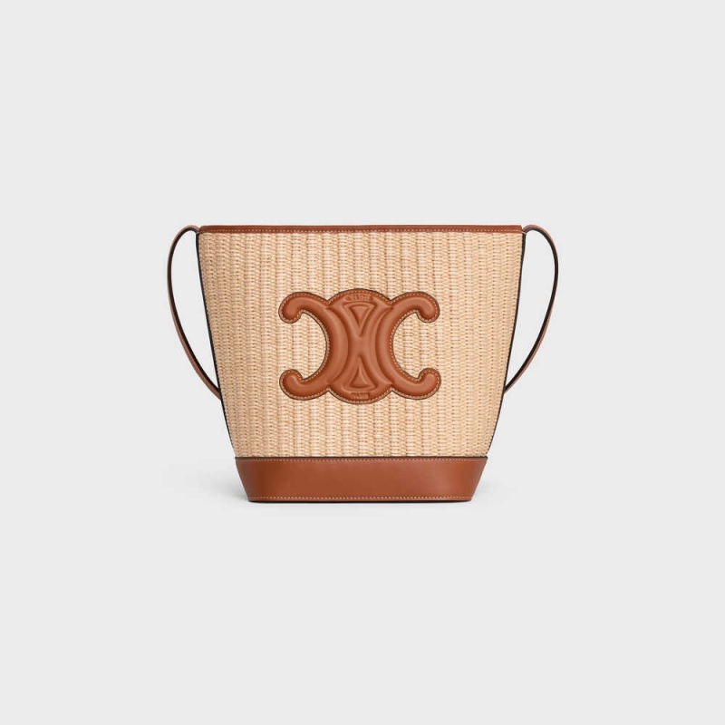 Natural / Tan Celine SMALL BUCKET in RAFFIA EFFECT TEXTILE AND CALFSKIN Cuir Triomphe | CL-593165