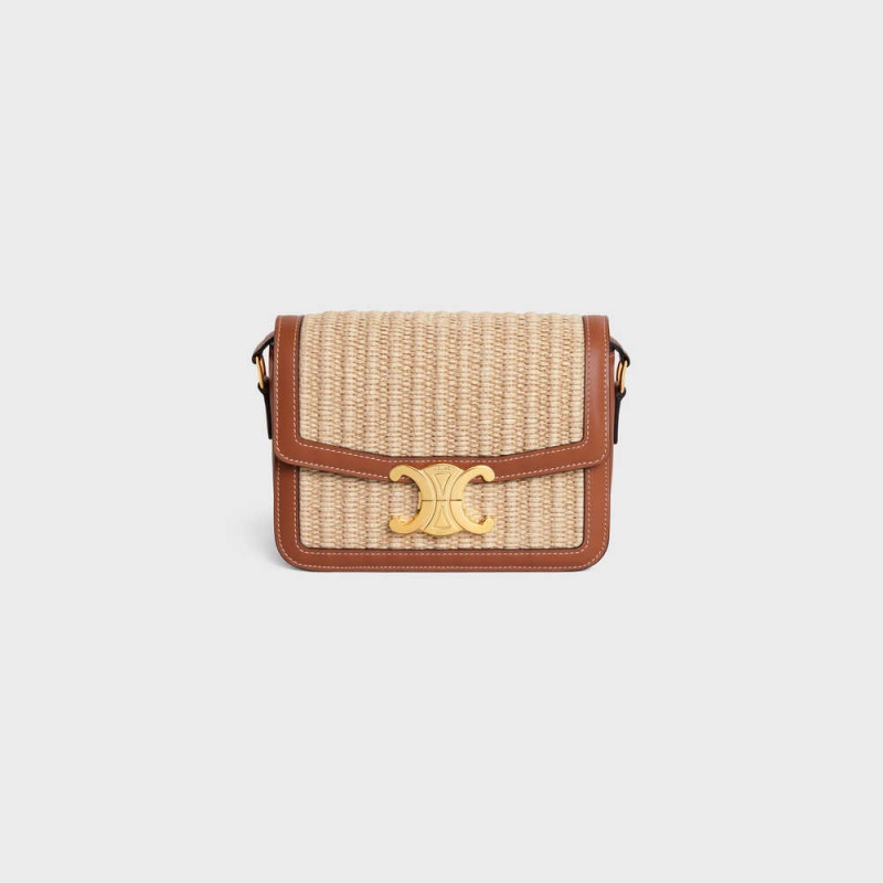 Natural / Tan Celine Teen Bag in RAFFIA EFFECT TEXTILE AND CALFSKIN Triomphe | CL-593195