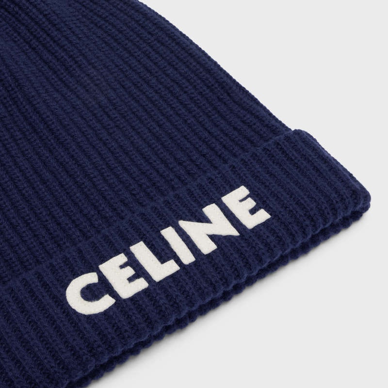 Navy Celine EMBROIDERED BEANIE IN RIBBED FELTED WOOL Hat | CL-591715