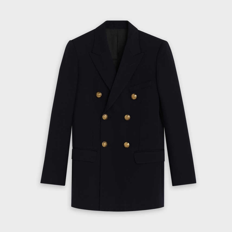 Navy Celine Long in diagonal wool Jackets | CL-592653