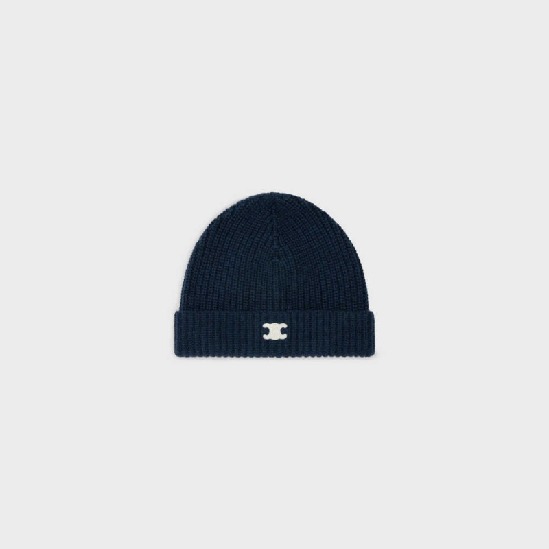 Navy Celine TRIOMPHE EMBROIDERED BEANIE IN HERITAGE CASHMERE Hat | CL-592371