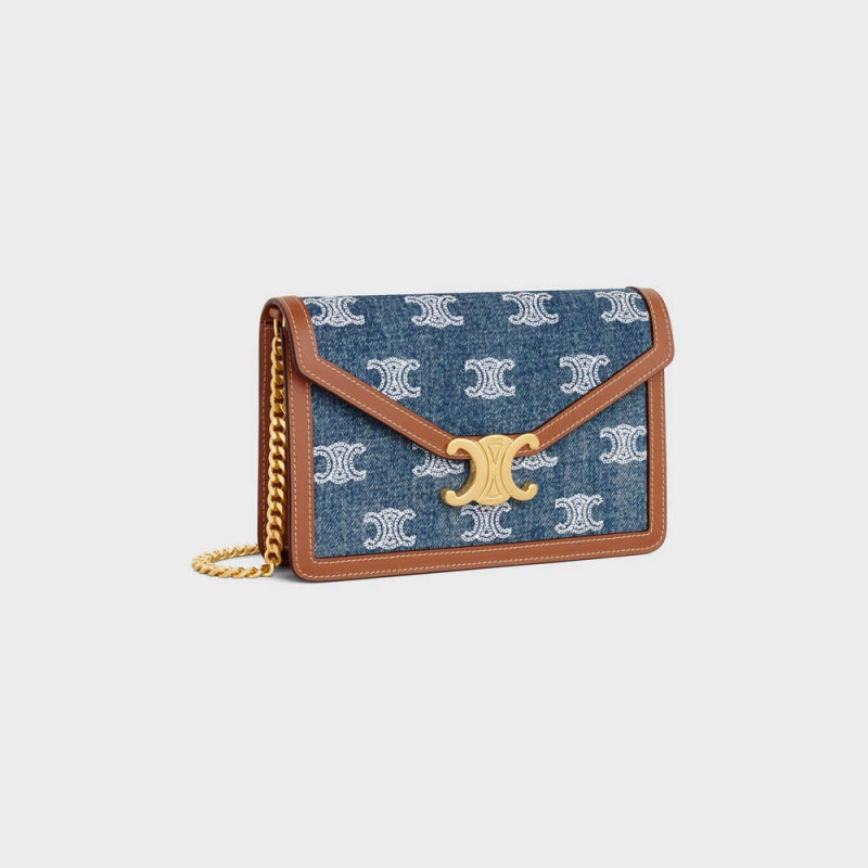 Navy / Tan Celine WALLET ON CHAIN TRIOMPHE in DENIM WITH TRIOMPHE ALL-OVER EMBROIDERY AND CALFSKIN Mini Bags | CL-593027