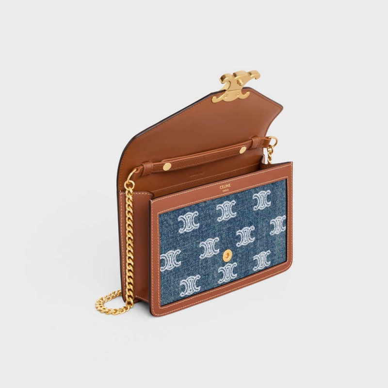 Navy / Tan Celine WALLET ON CHAIN TRIOMPHE in DENIM WITH TRIOMPHE ALL-OVER EMBROIDERY AND CALFSKIN Mini Bags | CL-593027