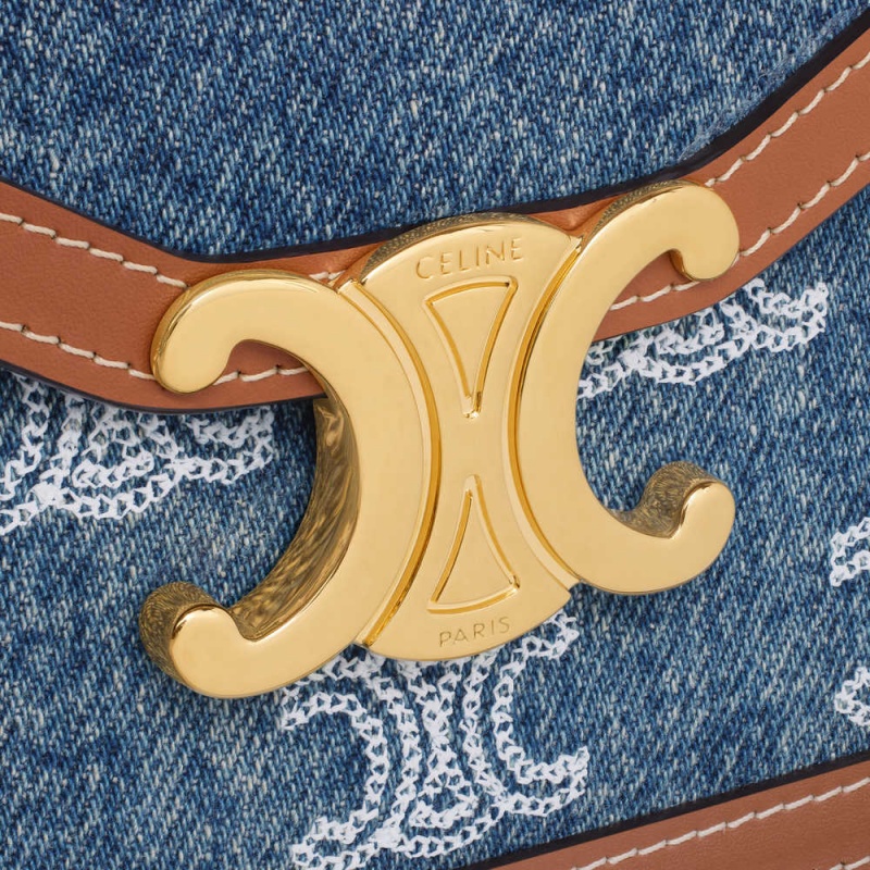 Navy / Tan Celine WALLET ON CHAIN TRIOMPHE in DENIM WITH TRIOMPHE ALL-OVER EMBROIDERY AND CALFSKIN Mini Bags | CL-593027