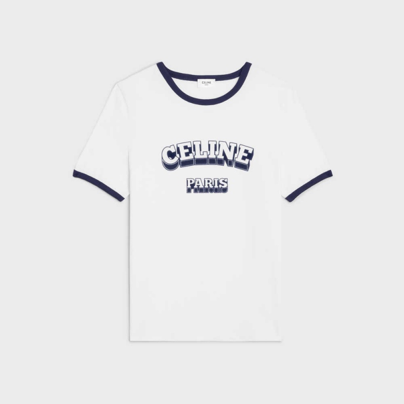 Off White / Navy Celine Paris 70 s in cotton jersey T-shirts | CL-592779