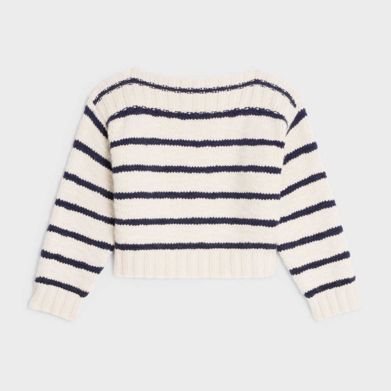 Off White / Navy Celine marinière boat neck in cashmere Knitwear | CL-592695