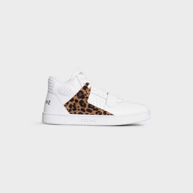 Optic White/Black/Brown Celine C02 TRAINER MID WITH SCRATCH in CALFSKIN & LEOPARD PRINTED SUEDE CALFSKIN Sneakers | CL-592543