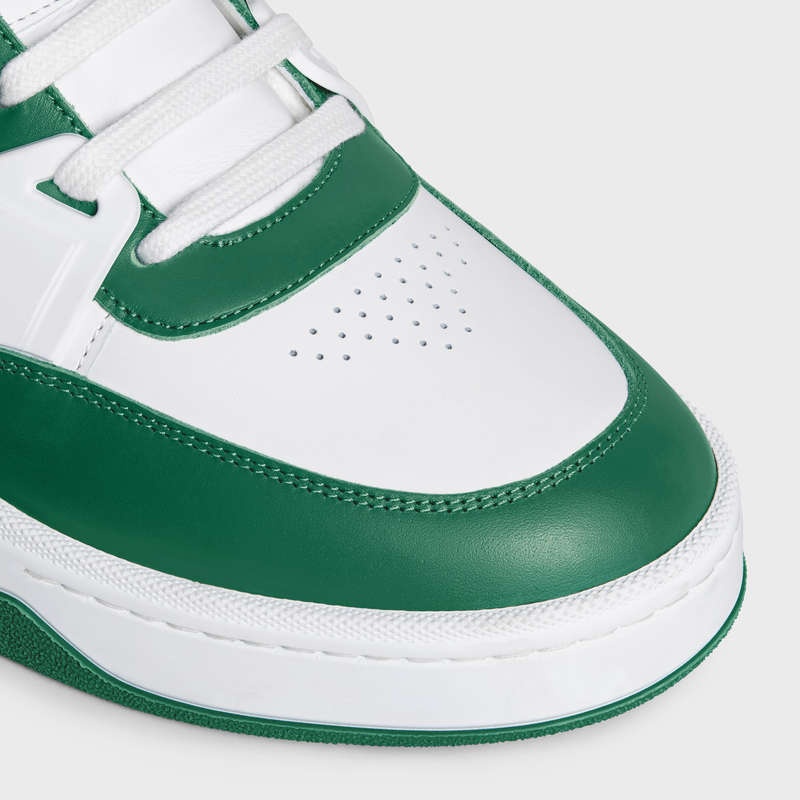 Optic White/Dark Green Celine C07 TRAINER LOW LACE-UP in CALFSKIN Sneakers | CL-591898