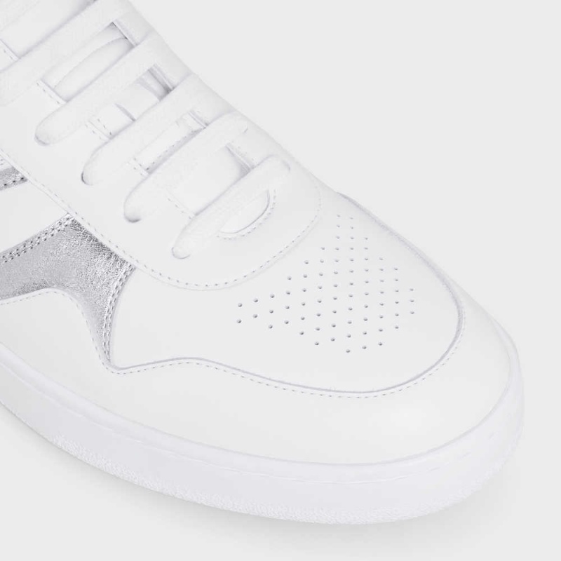 Optic White/Silver Celine TRAINER LOW LACE-UP in CALFSKIN & LAMINATED CALFSKIN Sneakers | CL-592550