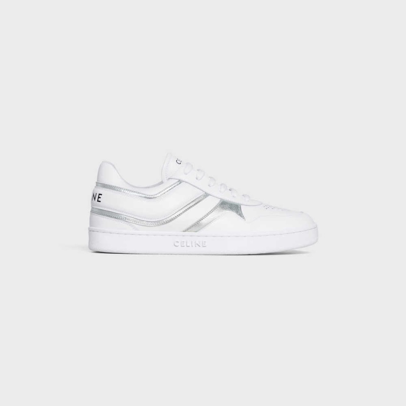 Optic White/Silver Celine TRAINER LOW LACE-UP in CALFSKIN & LAMINATED CALFSKIN Sneakers | CL-592550