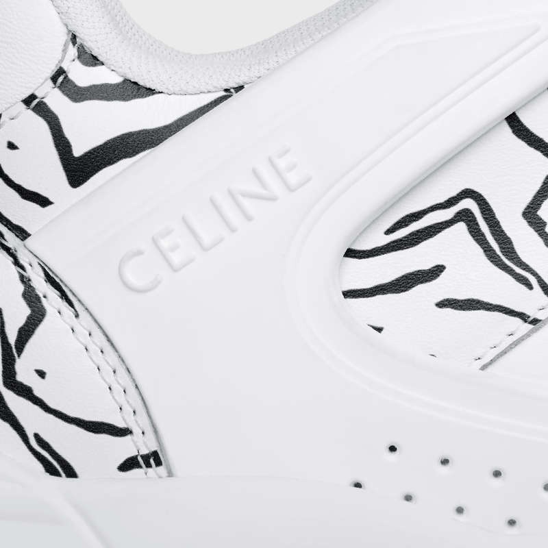 Optic White / Black Celine C07 TRAINER LOW LACE-UP in CALFSKIN & ZEBRA STAMPED CALFSKIN Sneakers | CL-591899