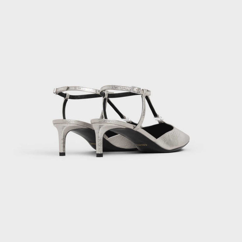 Platinium Celine KITTEN TRIOMPHE BAR STRAP in Lizard stamped metalized calfskin Pumps | CL-592557