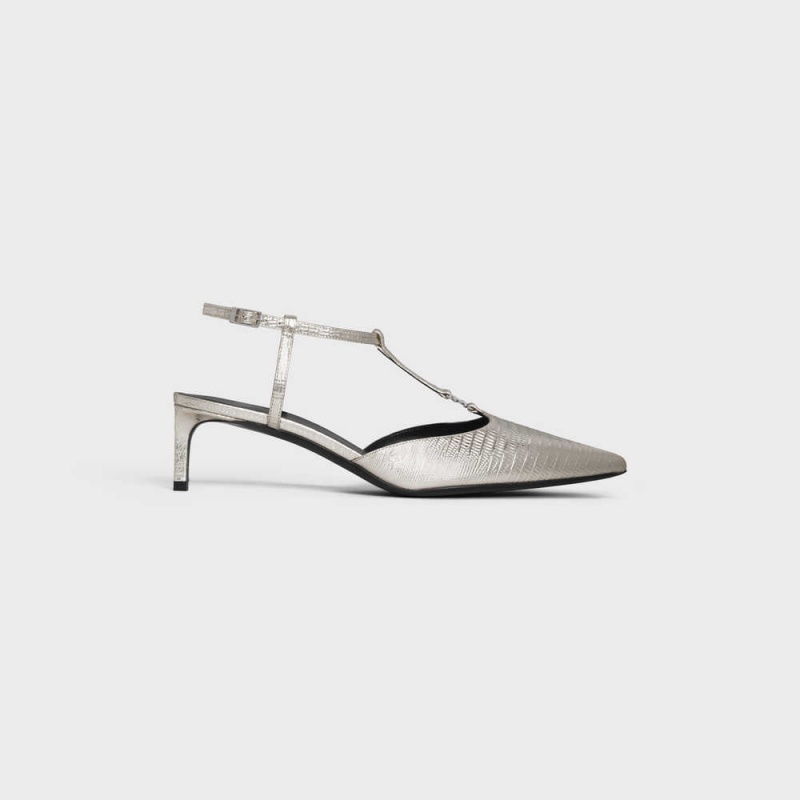 Platinium Celine KITTEN TRIOMPHE BAR STRAP in Lizard stamped metalized calfskin Pumps | CL-592557