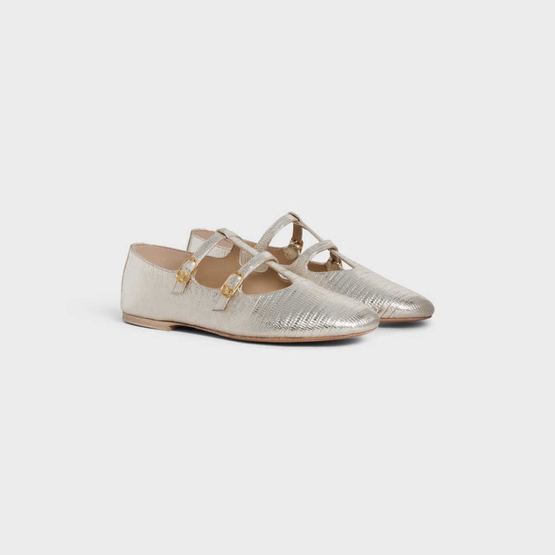 Platinium Celine LES BALLERINES DOUBLE STRAP MARY JANE BALLERINA in Lizard stamped metalized calfskin Loafers | CL-592534