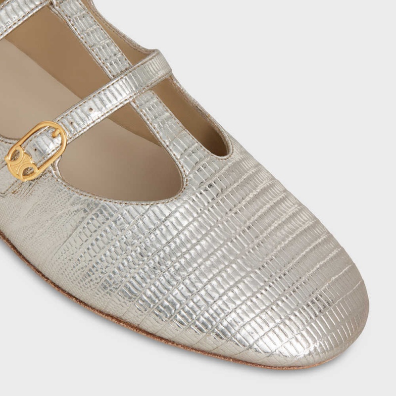 Platinium Celine LES BALLERINES DOUBLE STRAP MARY JANE BALLERINA in Lizard stamped metalized calfskin Loafers | CL-592534