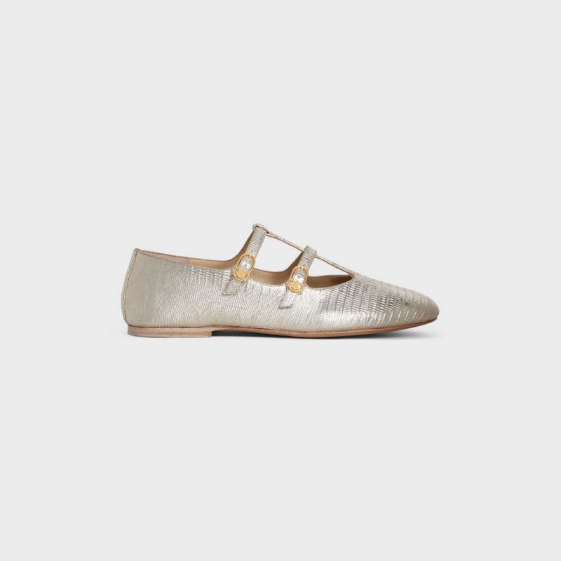 Platinium Celine LES BALLERINES DOUBLE STRAP MARY JANE BALLERINA in Lizard stamped metalized calfskin Loafers | CL-592534