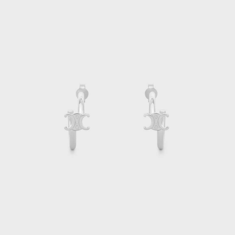 Silver Celine Triomphe Asymmetric Hoops in Brass with Rhodium Finish Earrings | CL-592296