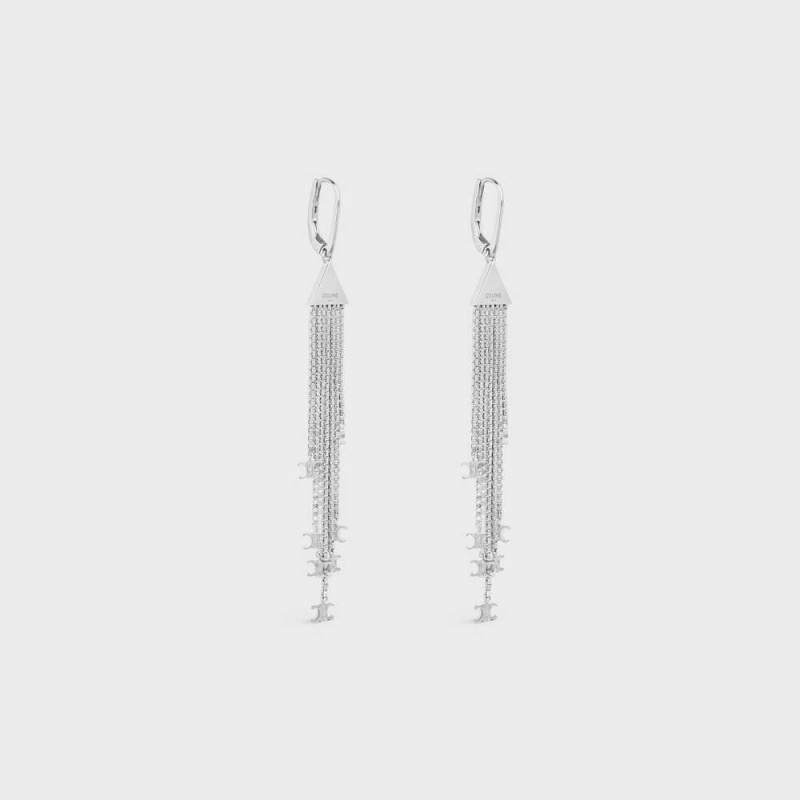 Silver Celine Triomphe Folk Fringe in Brass with Rhodium Finish Earrings | CL-592300