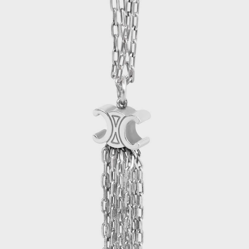 Silver Celine Triomphe Folk Tie Long in Brass with Rhodium Finish Necklaces | CL-592243