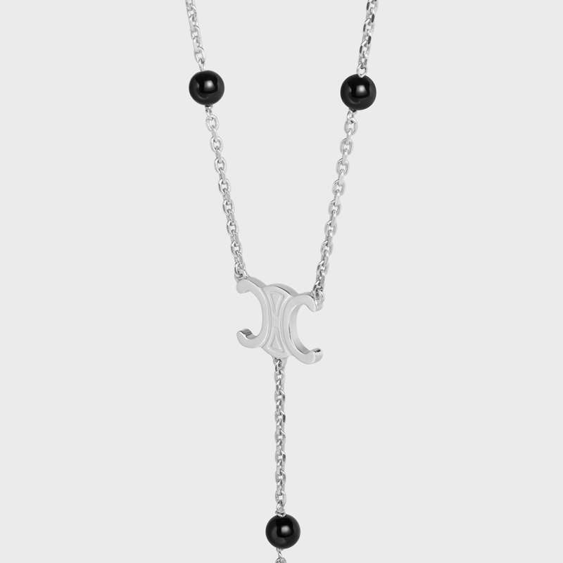 Silver / Black Celine Triomphe Long in Brass with Rhodium Finish and Onyx Necklaces | CL-591666