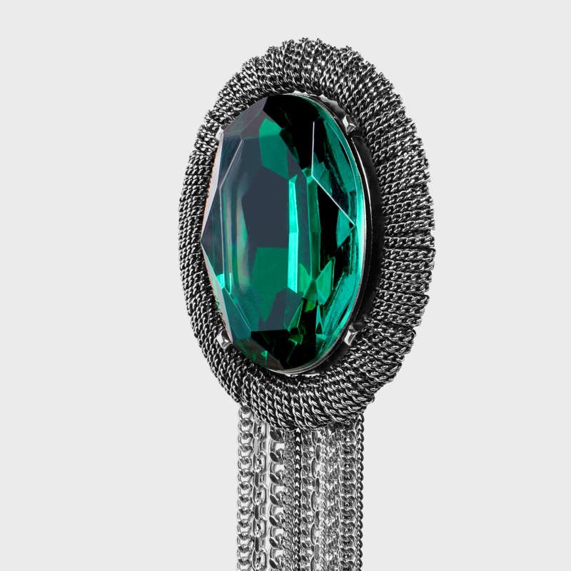 Silver / Green Celine Les Pierres Oval Brooch in Brass with Rhodium Finish and Green Strass Earrings | CL-591676