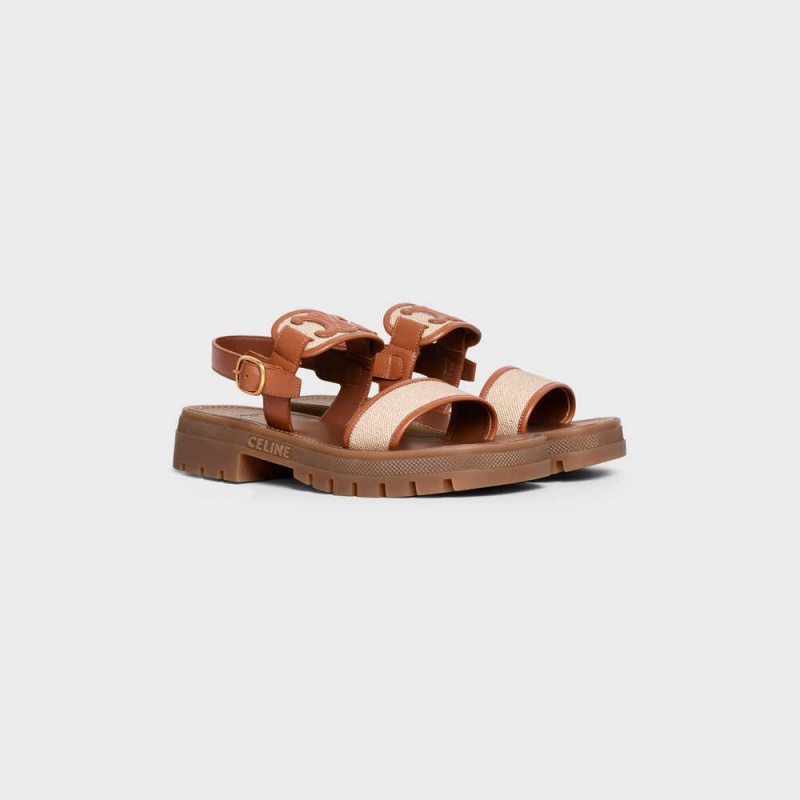 TAN/DARK BEIGE Celine CLEA TRIOMPHE in CALFSKIN - VEGETAL TANNING & CANVAS Sandals | CL-592571