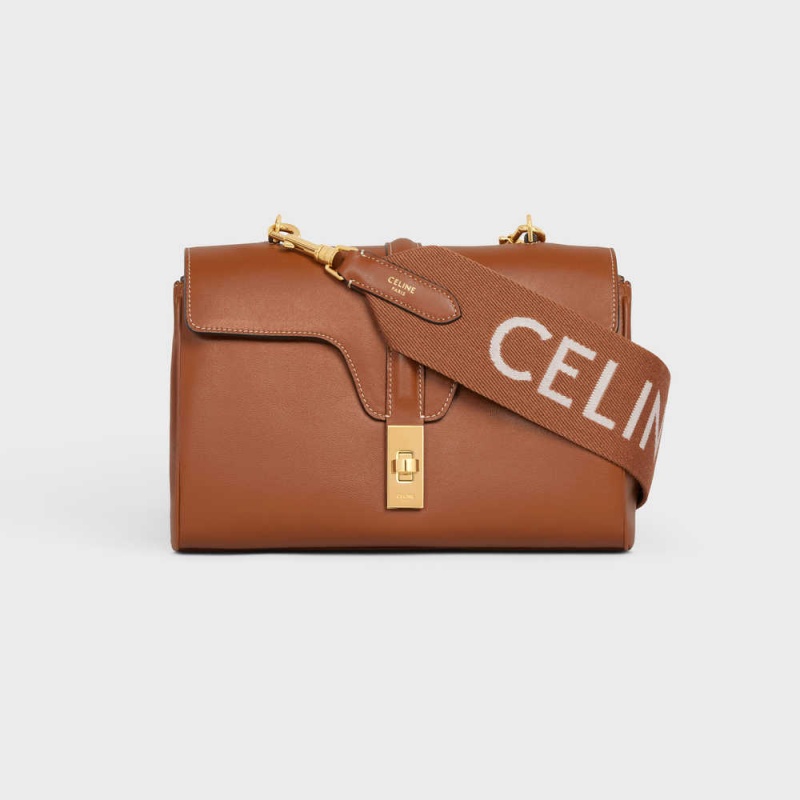 Tan/White Celine Long Strap in Wool with jacquard with GOLD FINISHING Leather Goods Accessories | CL-592909