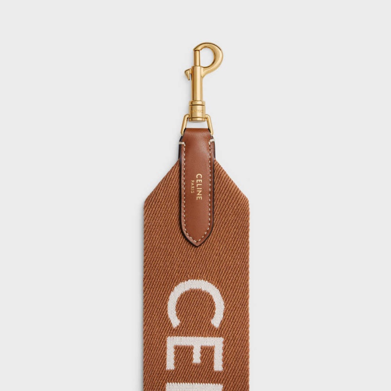 Tan/White Celine Long Strap in Wool with jacquard with GOLD FINISHING Leather Goods Accessories | CL-592909