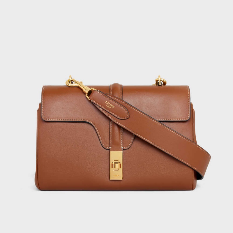 Tan Celine Long Strap in smooth calfskin with GOLD FINISHING Leather Goods Accessories | CL-592902