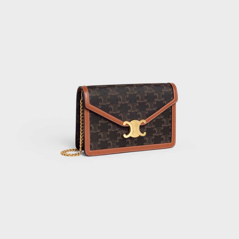 Tan Celine WALLET ON CHAIN TRIOMPHE in TRIOMPHE CANVAS AND CALFSKIN Mini Bags | CL-593025