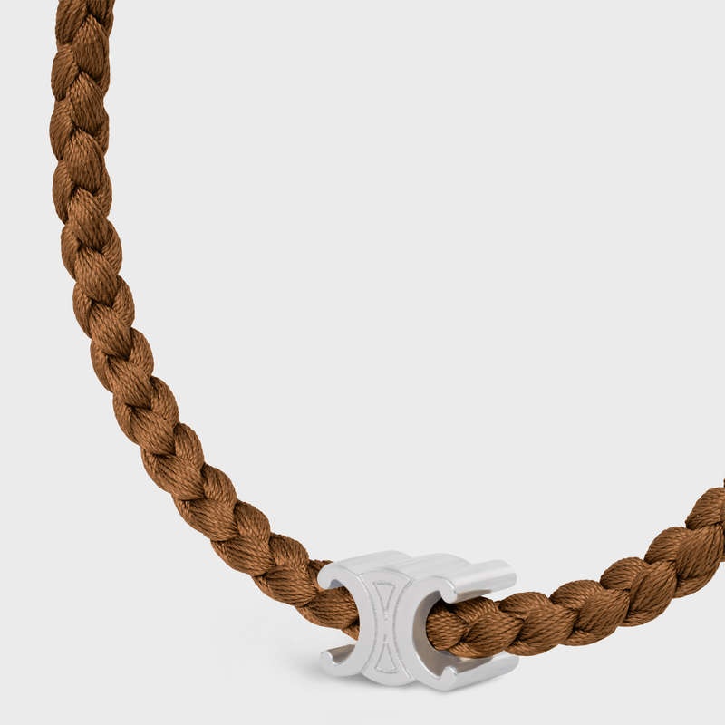 Tan / Silver Celine Triomphe Beach in Silk and Brass with Rhodium Finish Bracelets | CL-591652