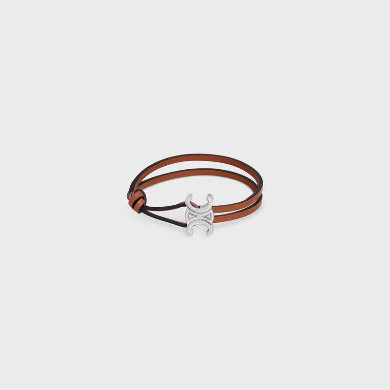 Tan / Silver Celine Triomphe Clasp in Calfskin and Brass with Rhodium Finish Bracelets | CL-591653