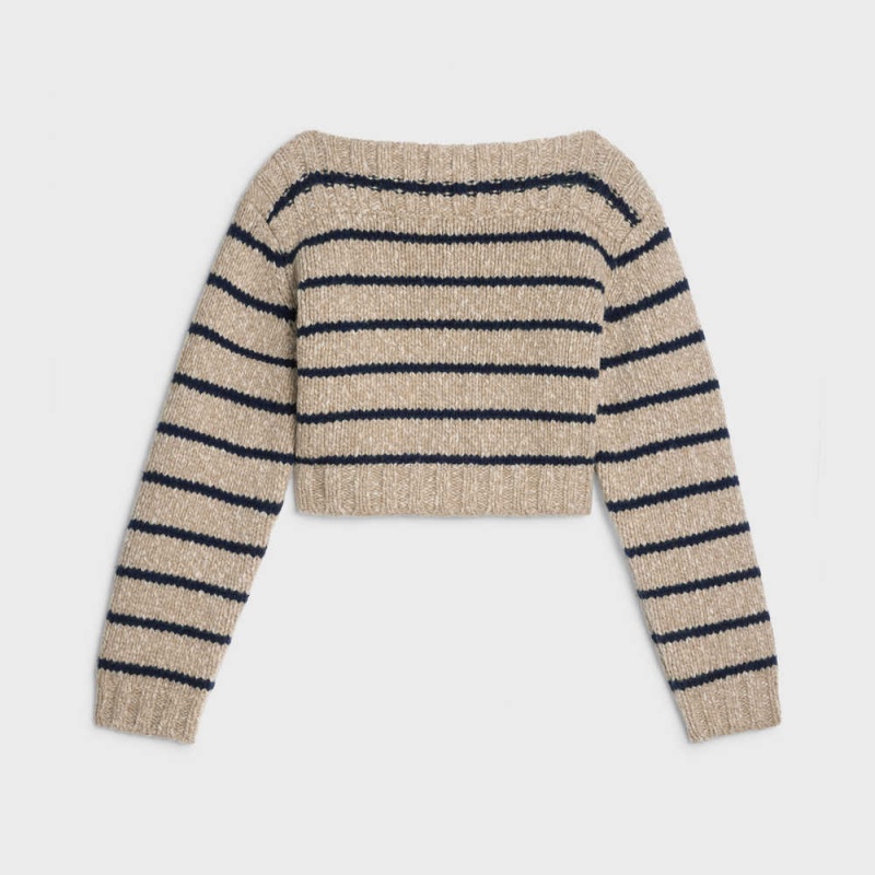 Taupe / Navy Celine Marinière Boat neck in wool Knitwear | CL-592694