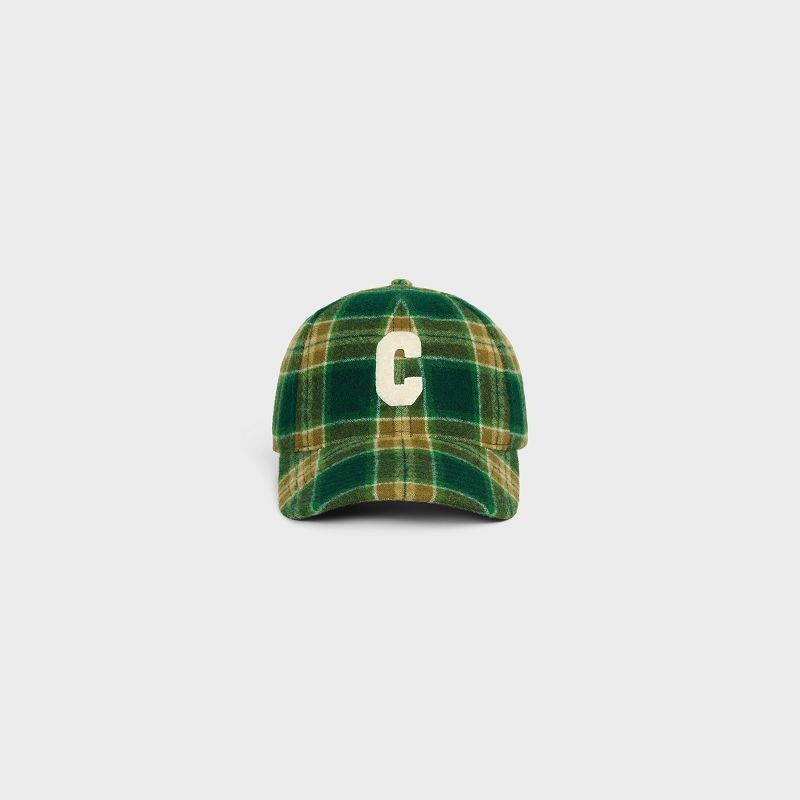 VERT/KAKI/CRAIE Celine INITIAL SNAPBACK IN CHECKED WOOL Cap | CL-591698