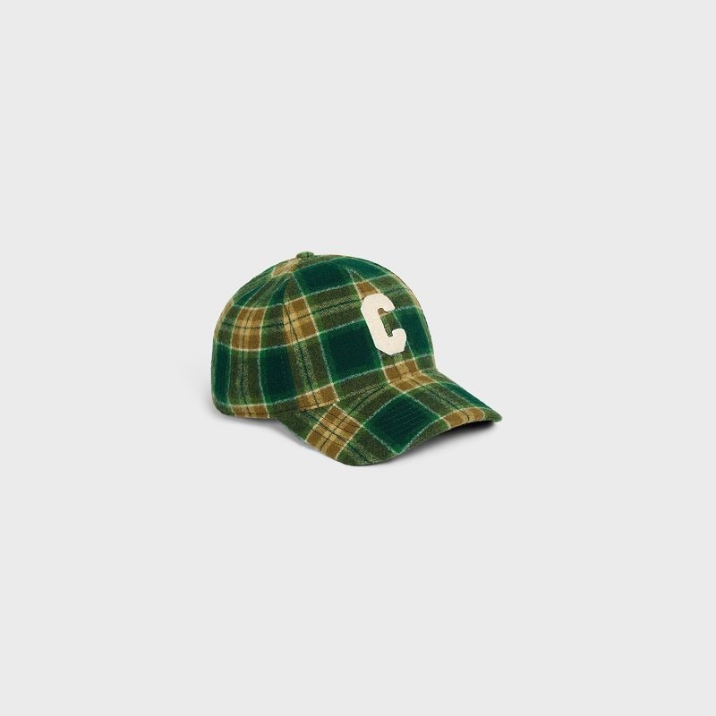 VERT/KAKI/CRAIE Celine INITIAL SNAPBACK IN CHECKED WOOL Cap | CL-591698