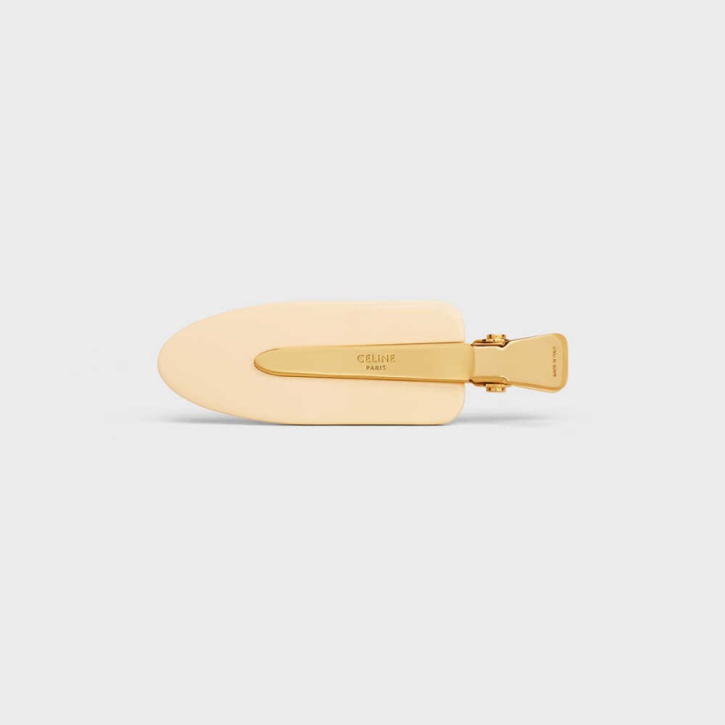 Vanilla / Gold Celine Triomphe Flat Hair Clip in Vanilla Acetate and Brass with Gold Finish and Steel Hair Accessories | CL-592323