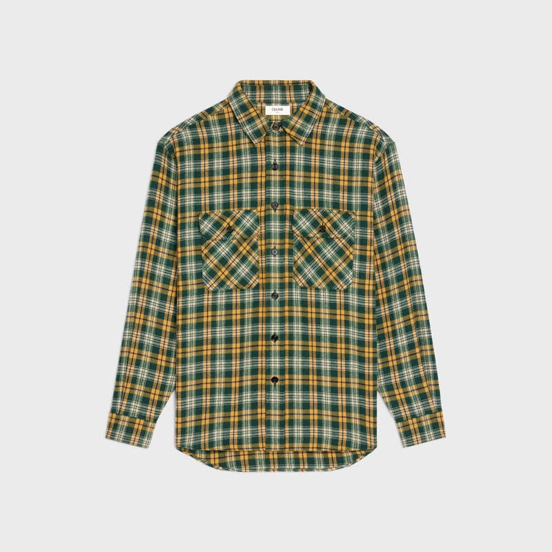 Vert/Creme/Jaune Celine LOOSE IN CHECKED WOOL Shirts | CL-592160