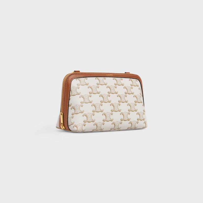 White/Tan Celine Clutch with Chain in Triomphe canvas and Lambskin Mini Bags | CL-593032