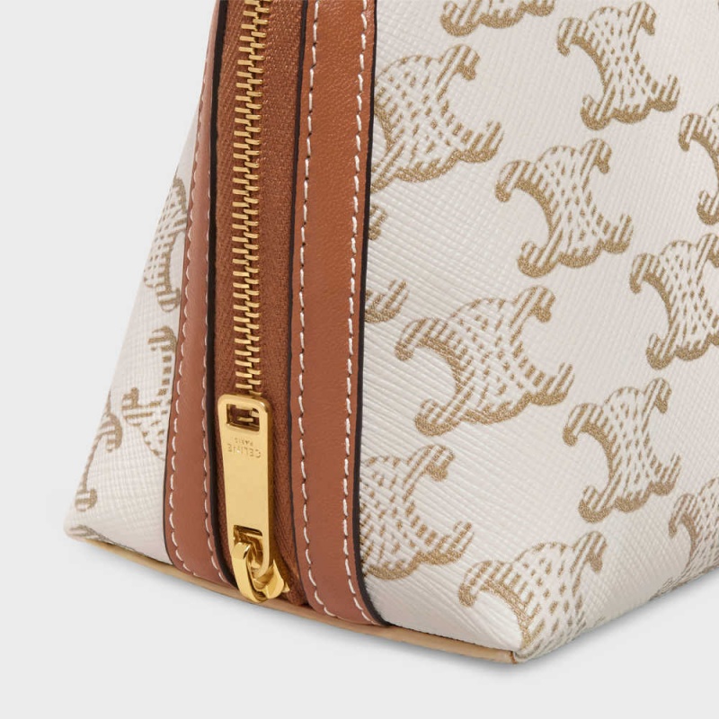 White/Tan Celine Clutch with Chain in Triomphe canvas and Lambskin Mini Bags | CL-593032