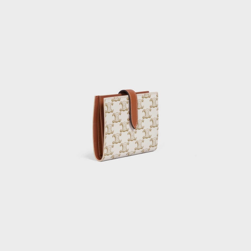 White/Tan Celine Medium strap in Triomphe Canvas and Lambskin Wallets | CL-592993