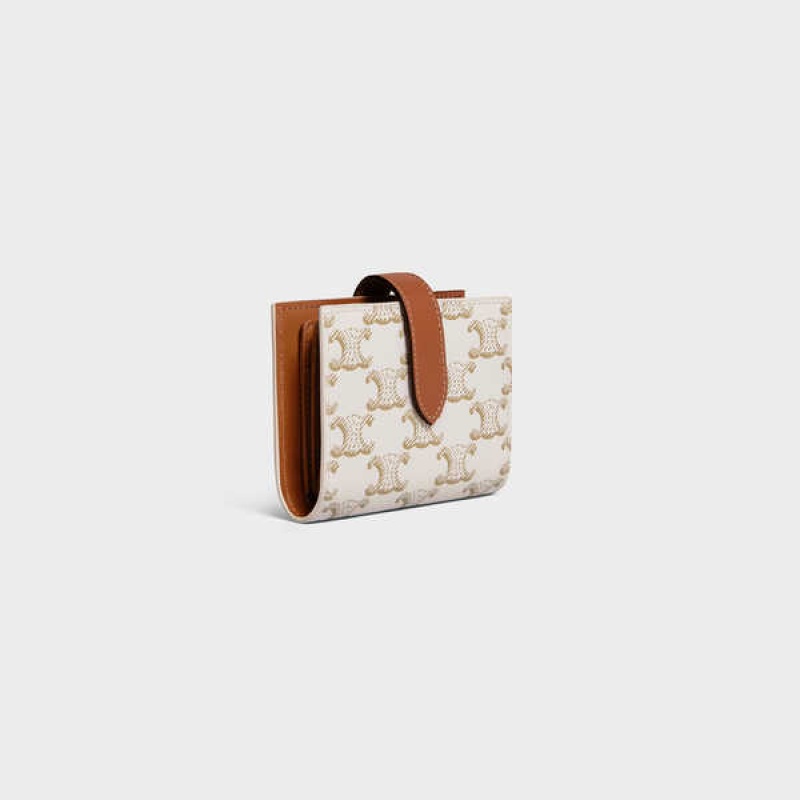 White/Tan Celine Small Strap Essentials in Triomphe Canvas and Lambskin Wallets | CL-592988