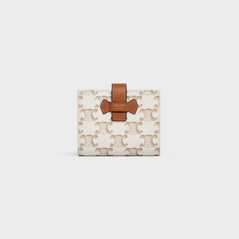 White/Tan Celine Small Strap Essentials in Triomphe Canvas and Lambskin Wallets | CL-592988