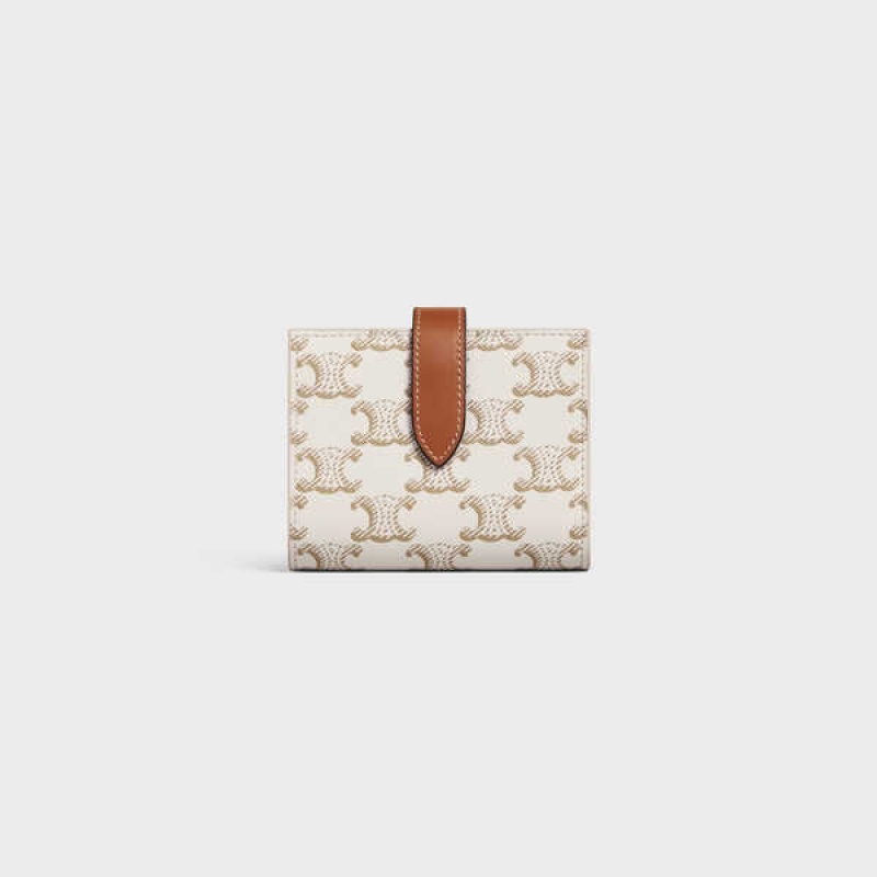 White/Tan Celine Small Strap Essentials in Triomphe Canvas and Lambskin Wallets | CL-592988