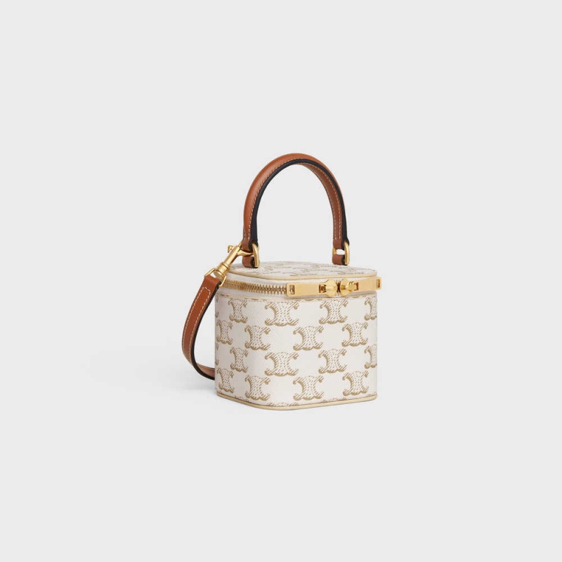 White/Tan Celine VANITY CASE in Triomphe Canvas and Calfskin Mini Bags | CL-593038