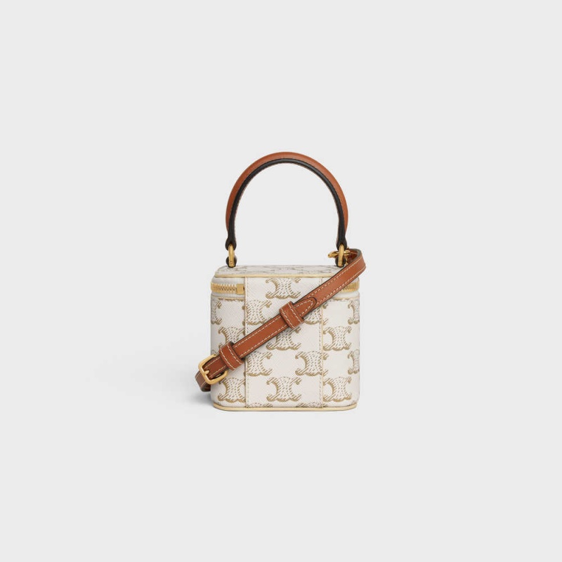 White/Tan Celine VANITY CASE in Triomphe Canvas and Calfskin Mini Bags | CL-593038