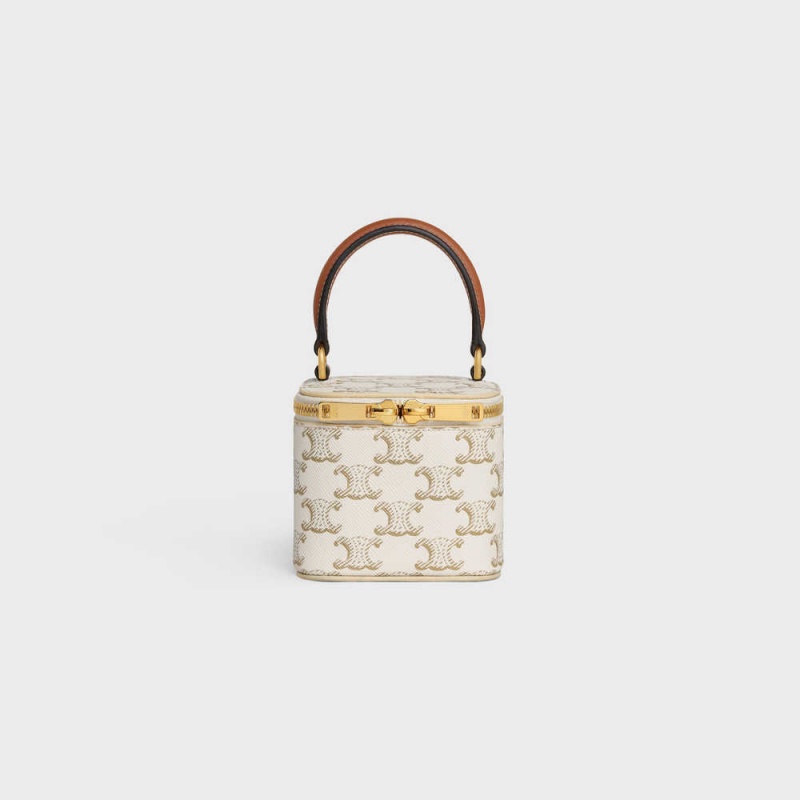 White/Tan Celine VANITY CASE in Triomphe Canvas and Calfskin Mini Bags | CL-593038