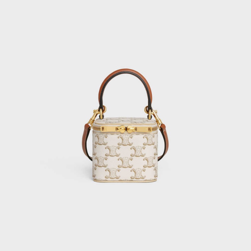 White/Tan Celine VANITY CASE in Triomphe Canvas and Calfskin Mini Bags | CL-593038